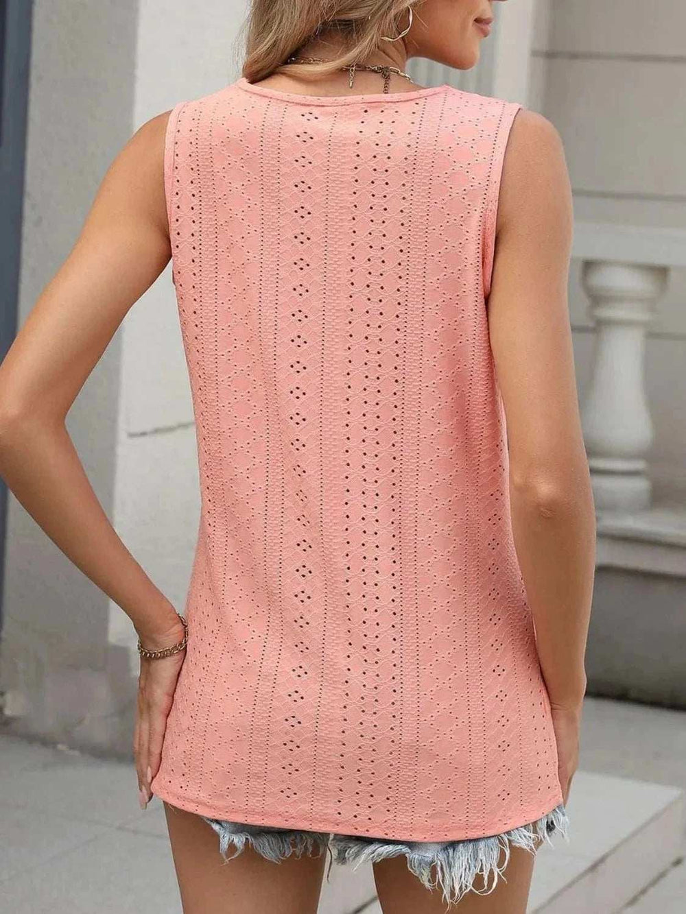 V-Neck Eyelet Knit Cami Tank Top - Trendsi - Flyclothing LLC