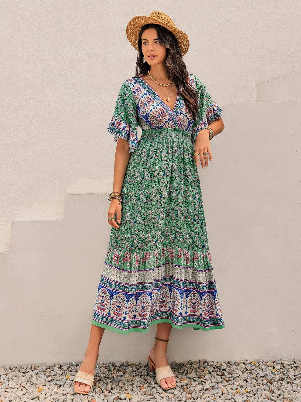 Ruched Printed Flounce Sleeve Midi Dress - Trendsi - Flyclothing LLC