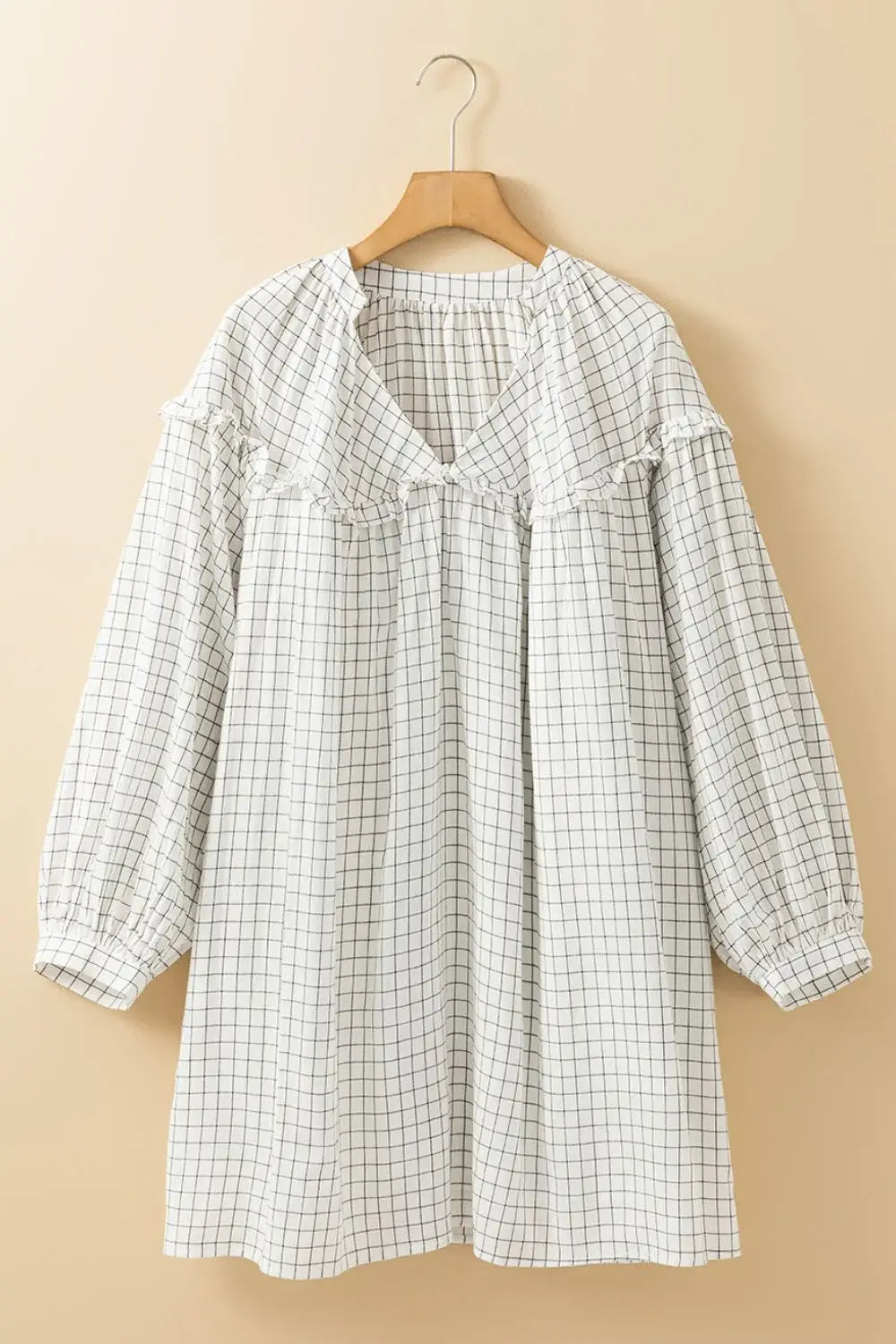 Frill Plaid Notched Balloon Sleeve Mini Dress - Trendsi - Flyclothing LLC
