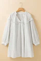 Frill Plaid Notched Balloon Sleeve Mini Dress - Trendsi - Flyclothing LLC