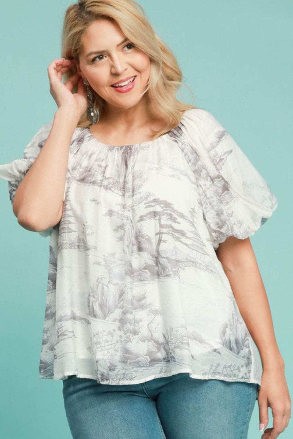 Umgee Full Size Two Tone Toile Print Top Plus Size - Trendsi - Flyclothing LLC