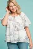 Umgee Full Size Two Tone Toile Print Top Plus Size - Trendsi