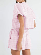 V-Neck Puff Sleeve Top and Shorts Set - Trendsi - Flyclothing LLC