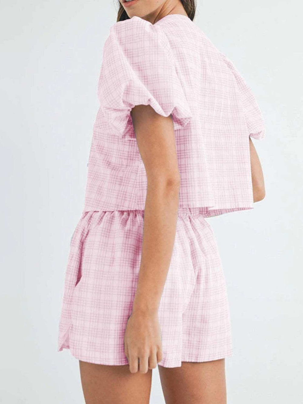 V-Neck Puff Sleeve Top and Shorts Set - Trendsi - Flyclothing LLC