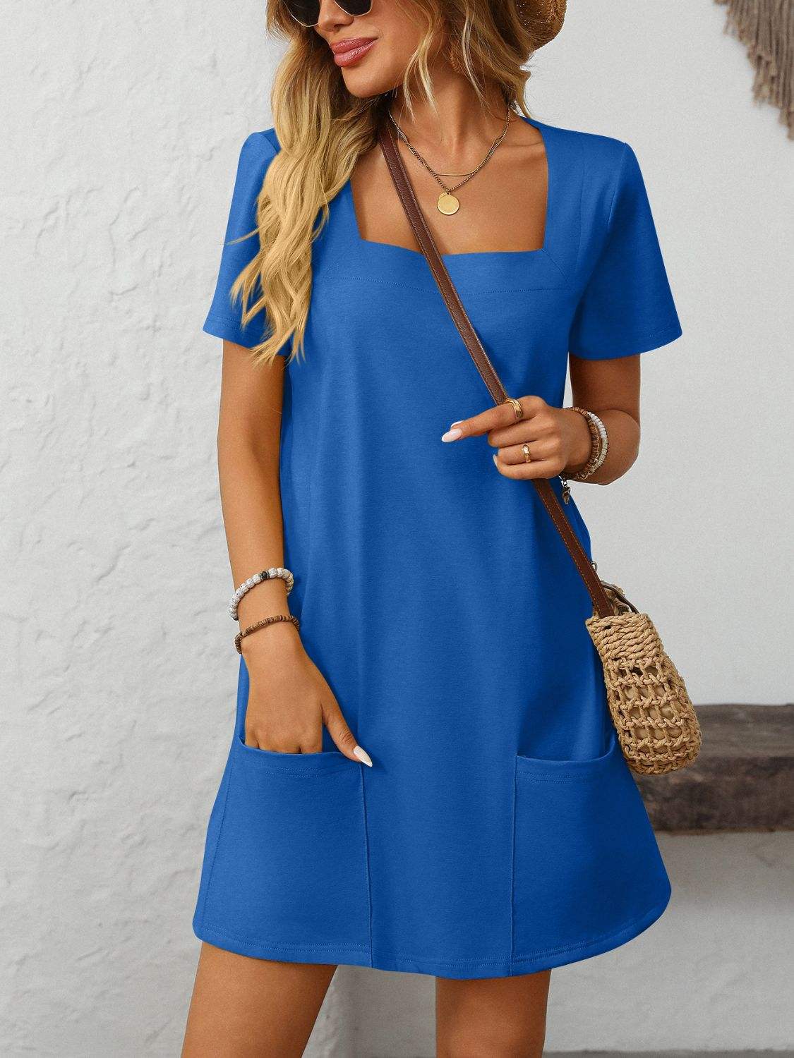 Mandy Square Neck Short Sleeve Mini Dress - Trendsi - Flyclothing LLC
