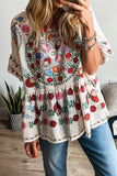 Floral Print Round Neck Ruffle Trim Blouse - Trendsi