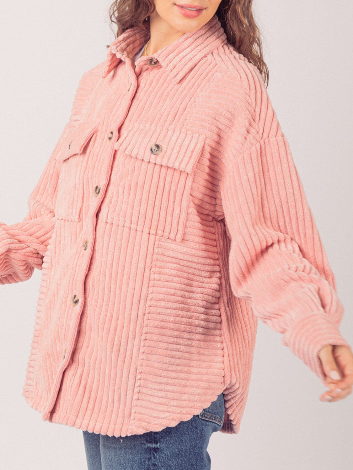 Button Up Long Sleeve Corduroy Jacket - Trendsi