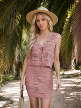 Openwork V-Neck Top and Skirt Knit Cover Up Set - Trendsi - Flyclothing LLC