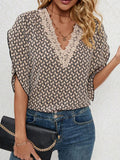 Lace Detail Printed V-Neck Half Sleeve Blouse - Trendsi