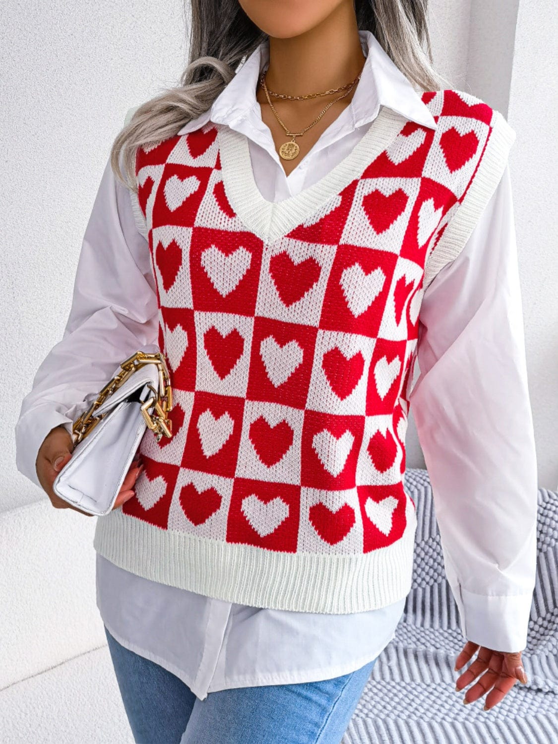 Heart V-Neck Sweater Vest - Trendsi