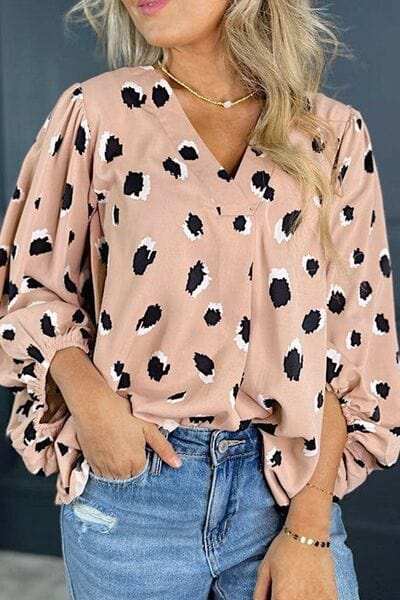 Contrast Animal Print V-Neck Long Sleeve Blouse - Trendsi - Flyclothing LLC