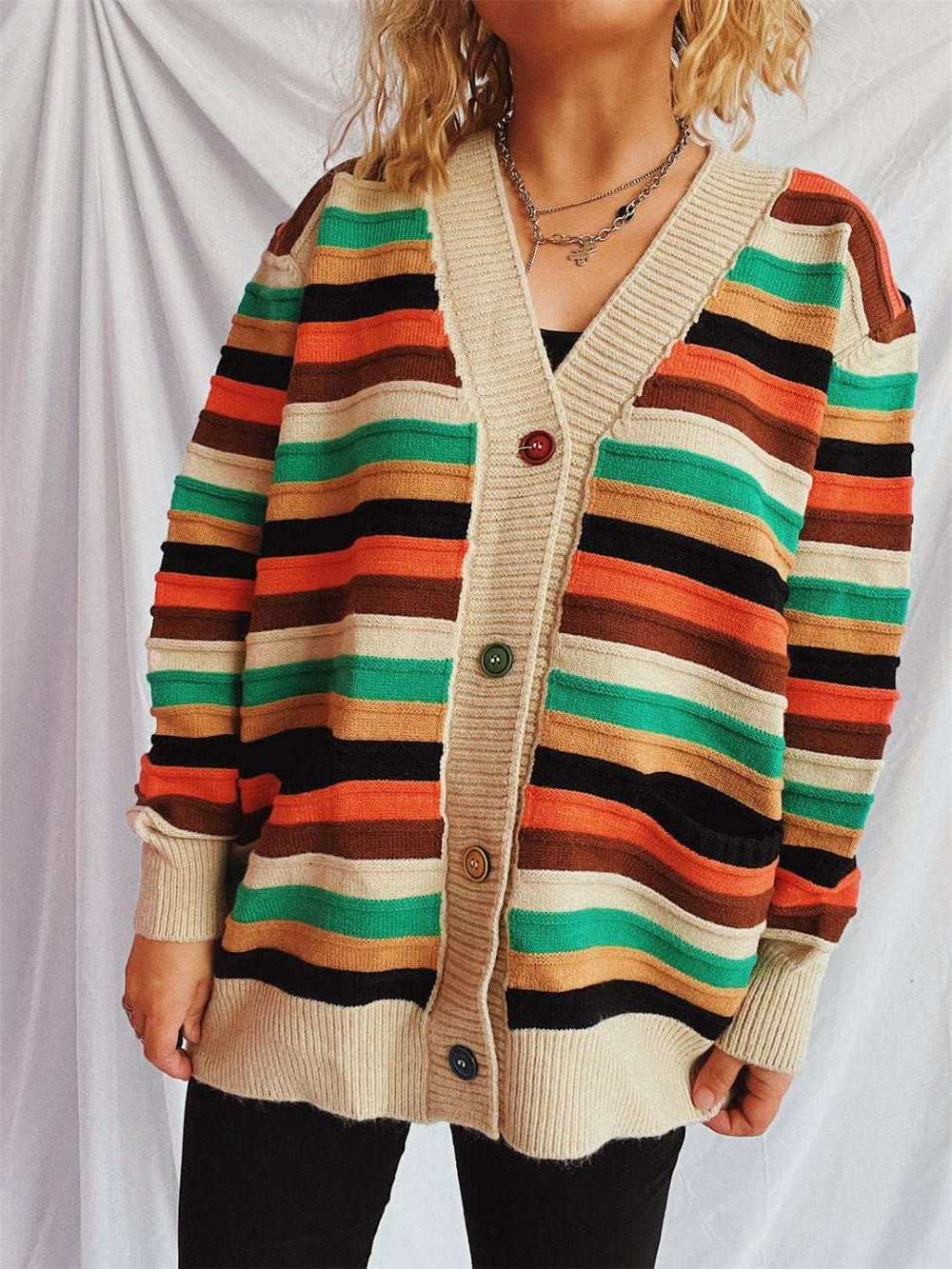 Contrast Stripes Button Up Long Sleeve Cardigan - Trendsi - Flyclothing LLC