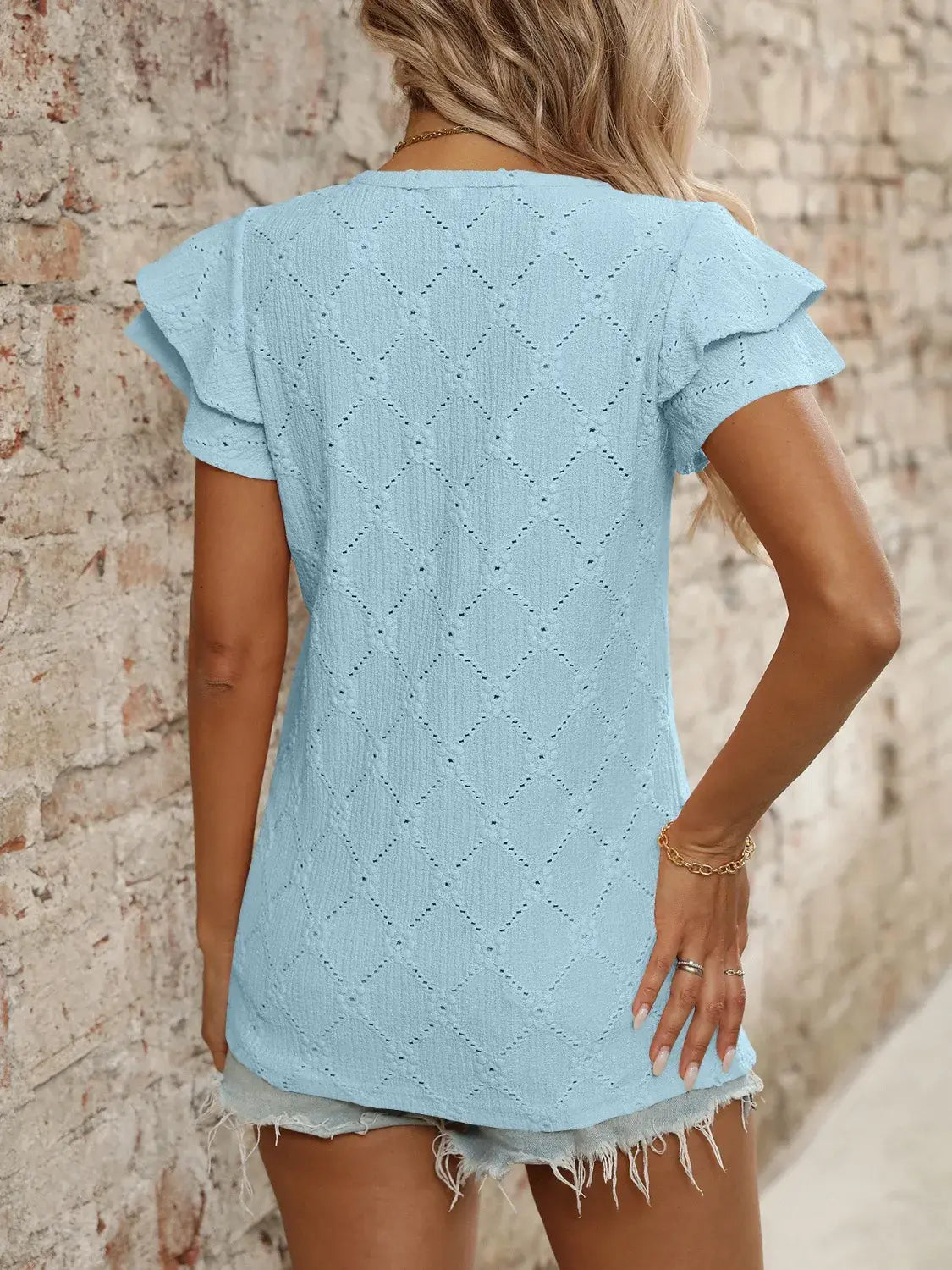 Eyelet V-Neck Ruffled Cap Sleeve Top - Trendsi - Flyclothing LLC