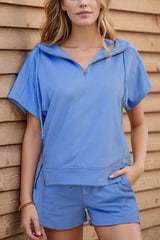 Drawstring Zipped Short Sleeve Hoodie and Shorts Set - Trendsi - Flyclothing LLC