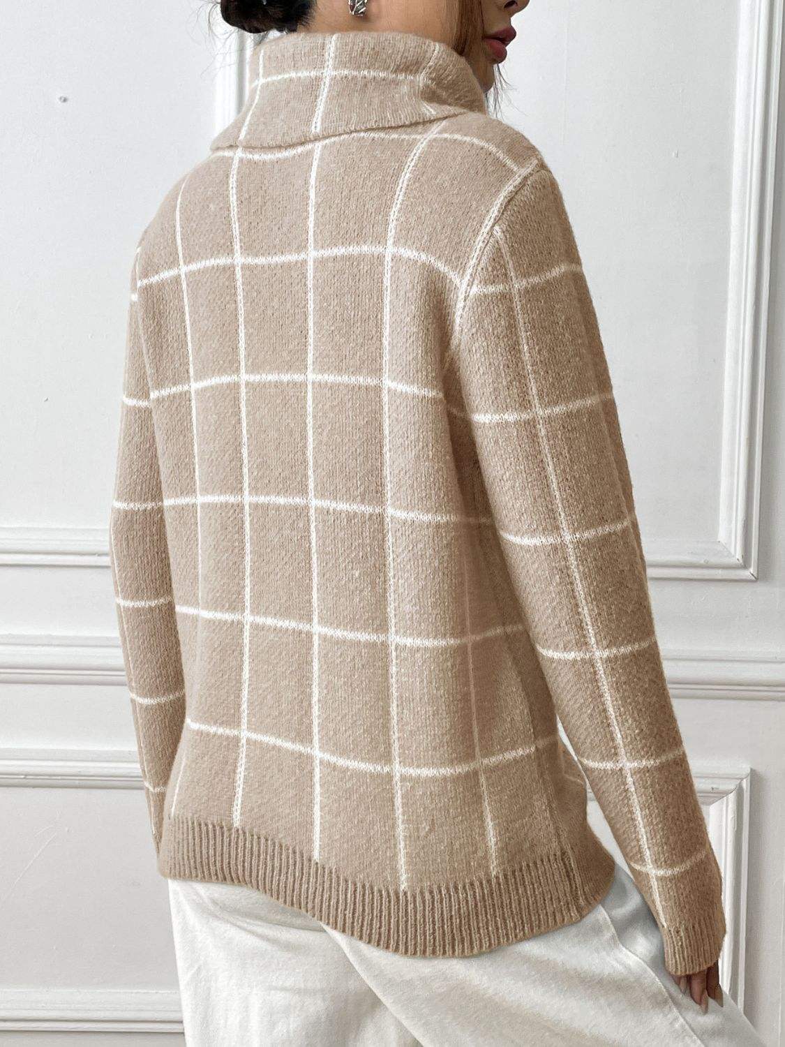 Heart Plaid Turtleneck Long Sleeve Sweater - Trendsi - Flyclothing LLC