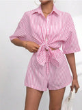 Striped Button Up Shirt and Shorts Set - Trendsi