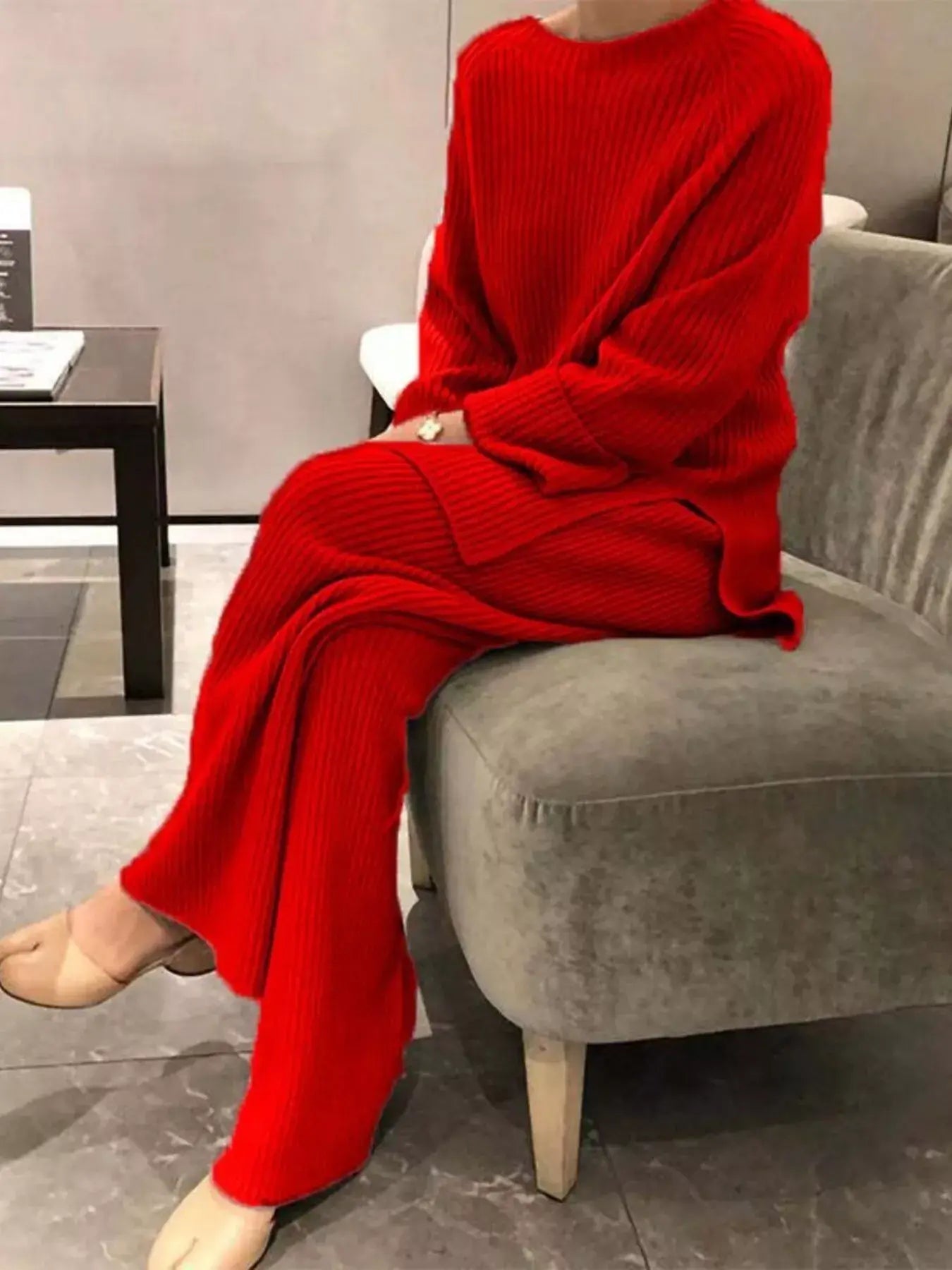 Full Size Ribbed Knit Relaxed Fit Top and Pants Sweater Set Plus Size - Trendsi - Flyclothing LLC