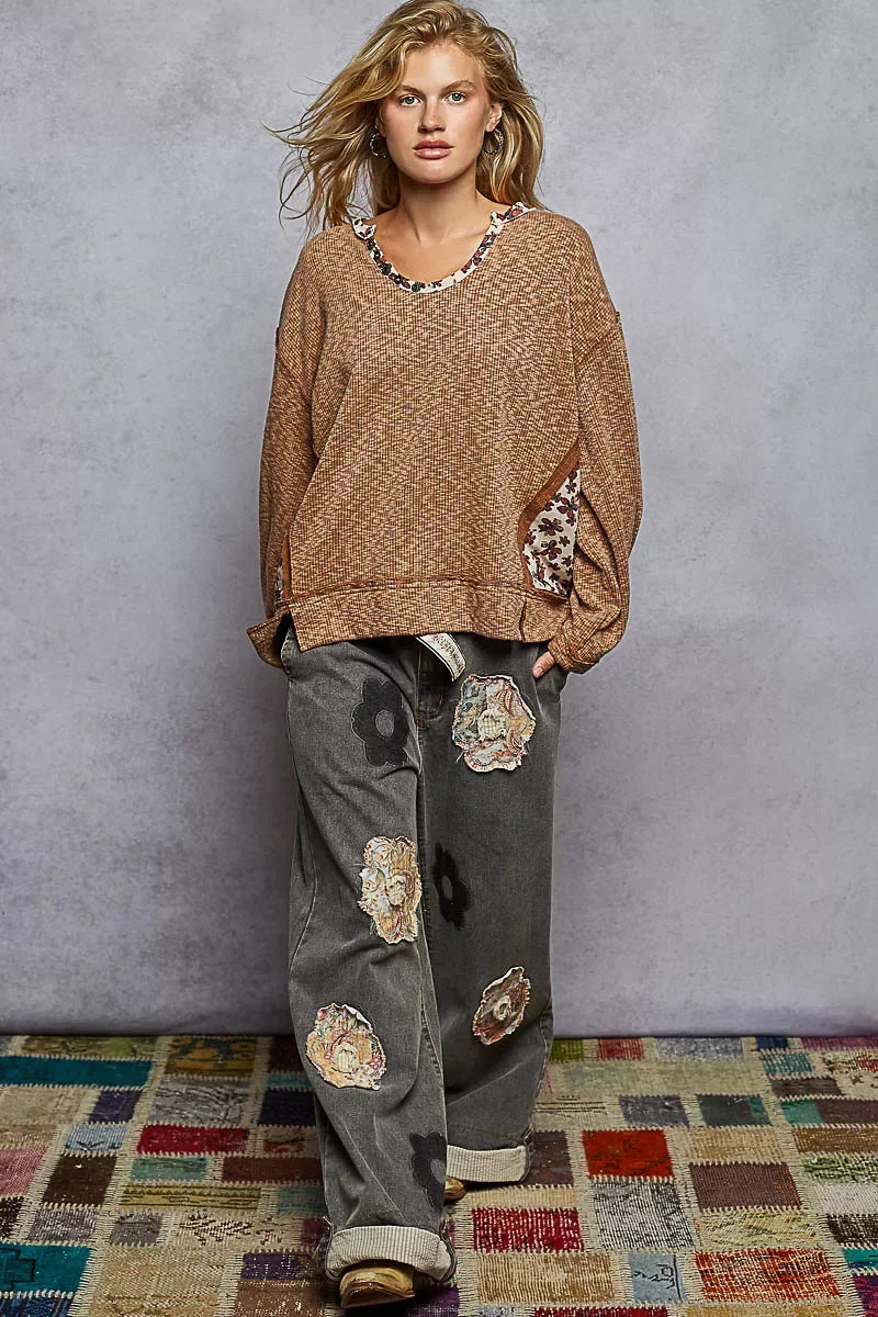 POL Balloon Sleeve Oversized Ribbed Top with Floral Pattern Contrast - Trendsi - Flyclothing LLC