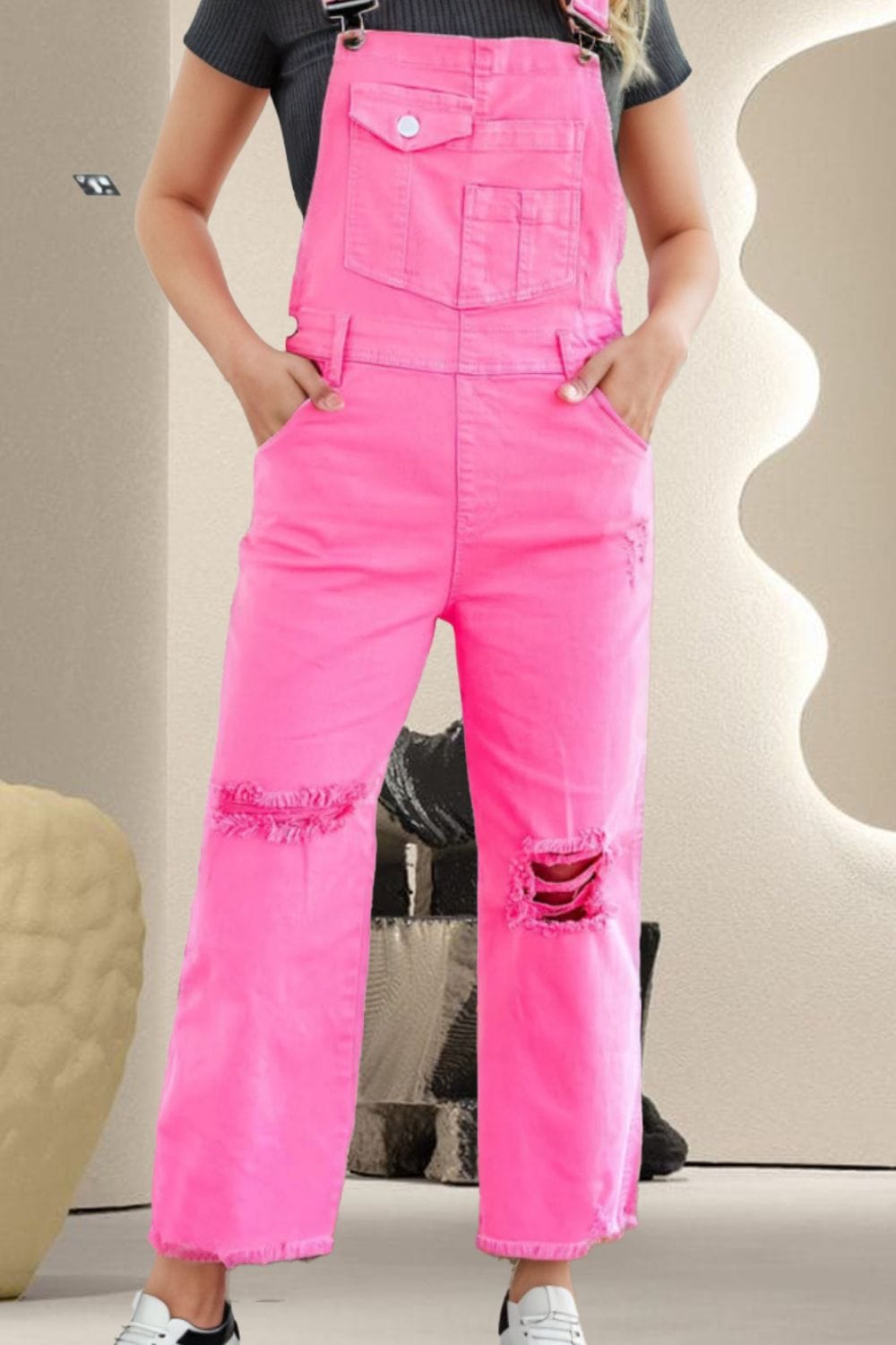 Distressed Pocketed Wide Strap Denim Overalls - Trendsi