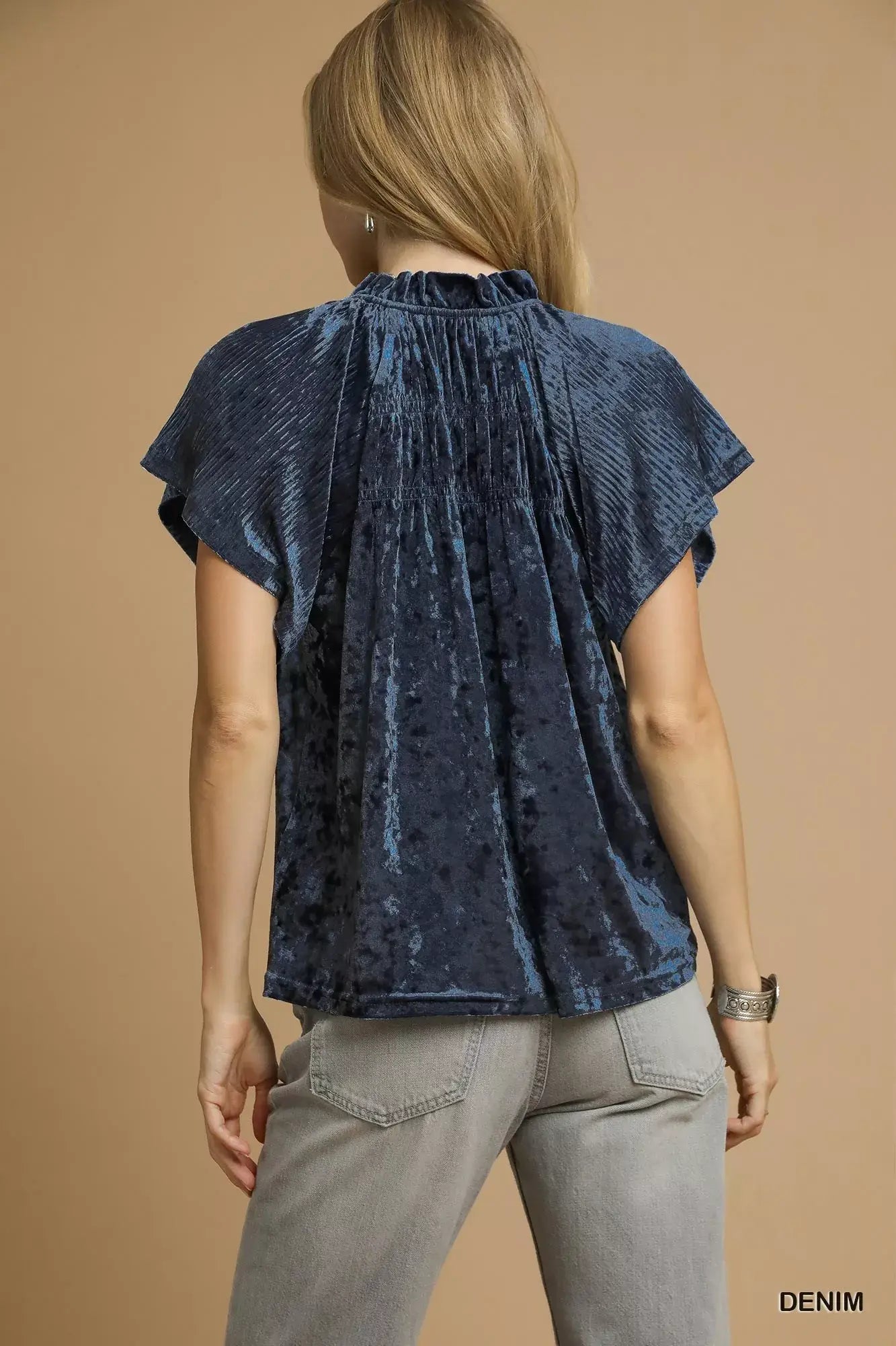 Umgee Crushed Velvet Pleated Blouse - Trendsi - Flyclothing LLC