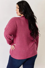 Basic Bae Full Size Ribbed Half Button Long Sleeve High-Low T-Shirt - ShopBasicbae - Flyclothing LLC