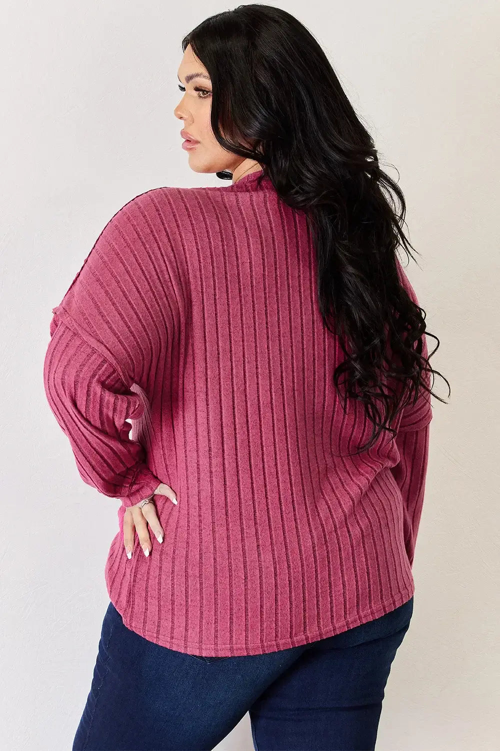 Basic Bae Full Size Ribbed Half Button Long Sleeve High-Low T-Shirt - ShopBasicbae - Flyclothing LLC