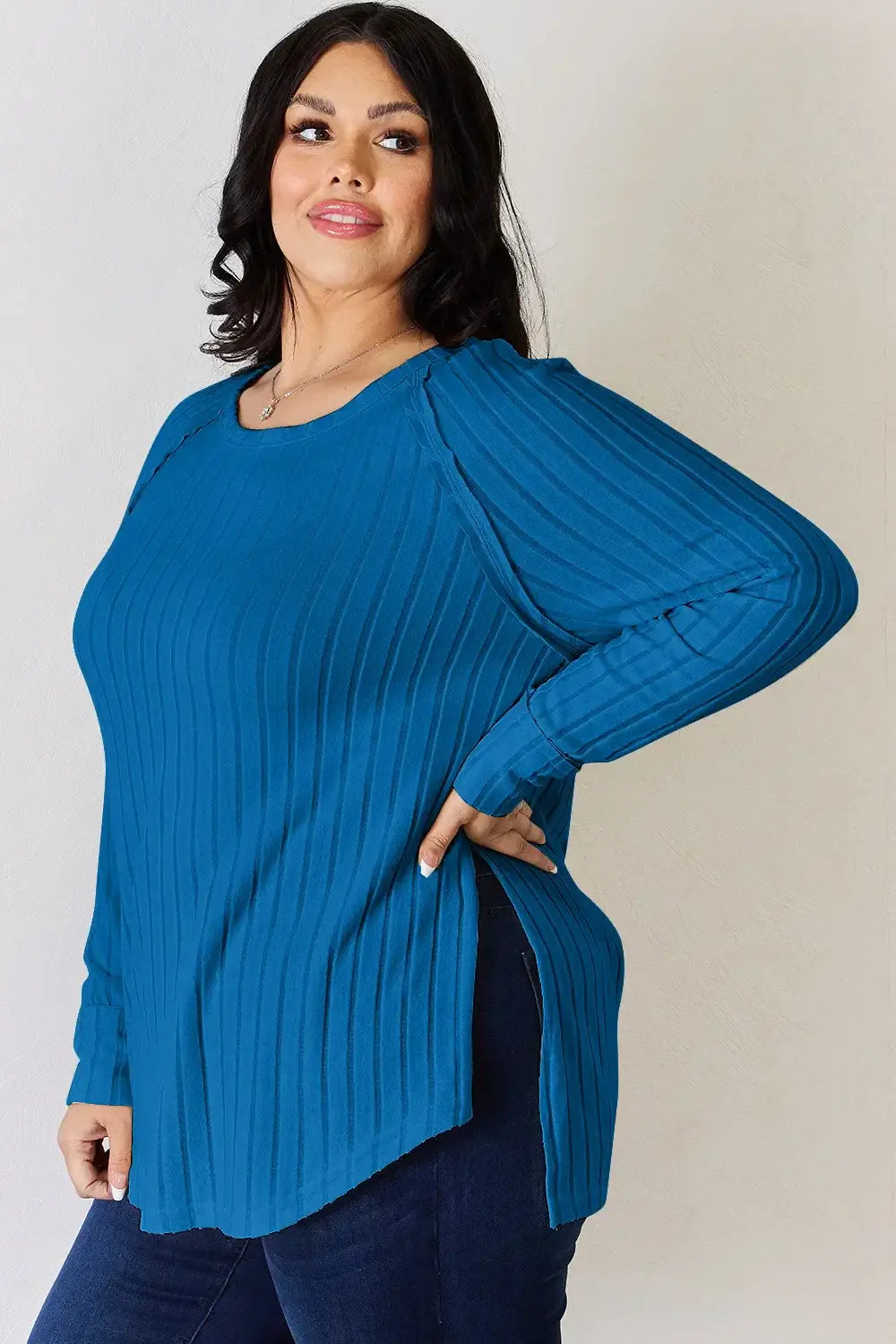 Basic Bae Full Size Ribbed Round Neck Slit T-Shirt - ShopBasicbae - Flyclothing LLC