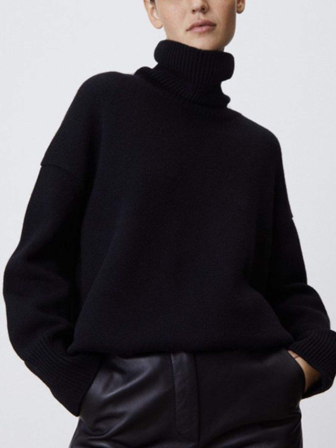 Ribbed Detail Turtleneck Dropped Shoulder Sweater - Trendsi - Flyclothing LLC