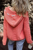 Drawstring Cable-Knit Hooded Sweater - Trendsi