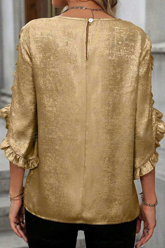 Metallic Luster Round Neck Frill 3/4 Sleeve Blouse - Trendsi - Flyclothing LLC