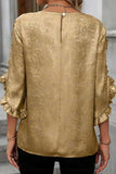Metallic Luster Round Neck Frill 3/4 Sleeve Blouse - Trendsi