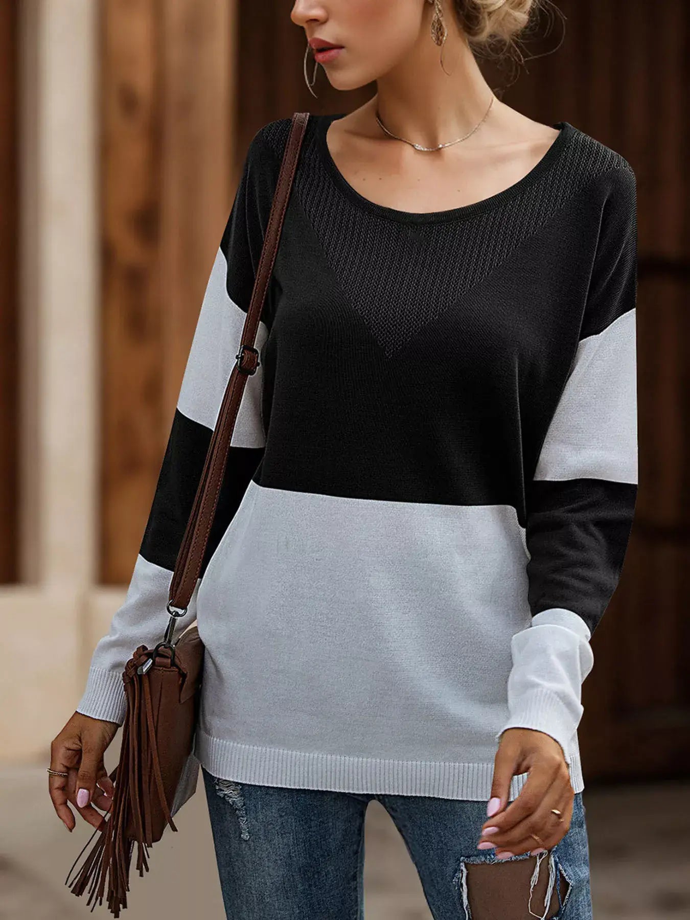 Color Block V-Neck Knit Top - Trendsi - Flyclothing LLC