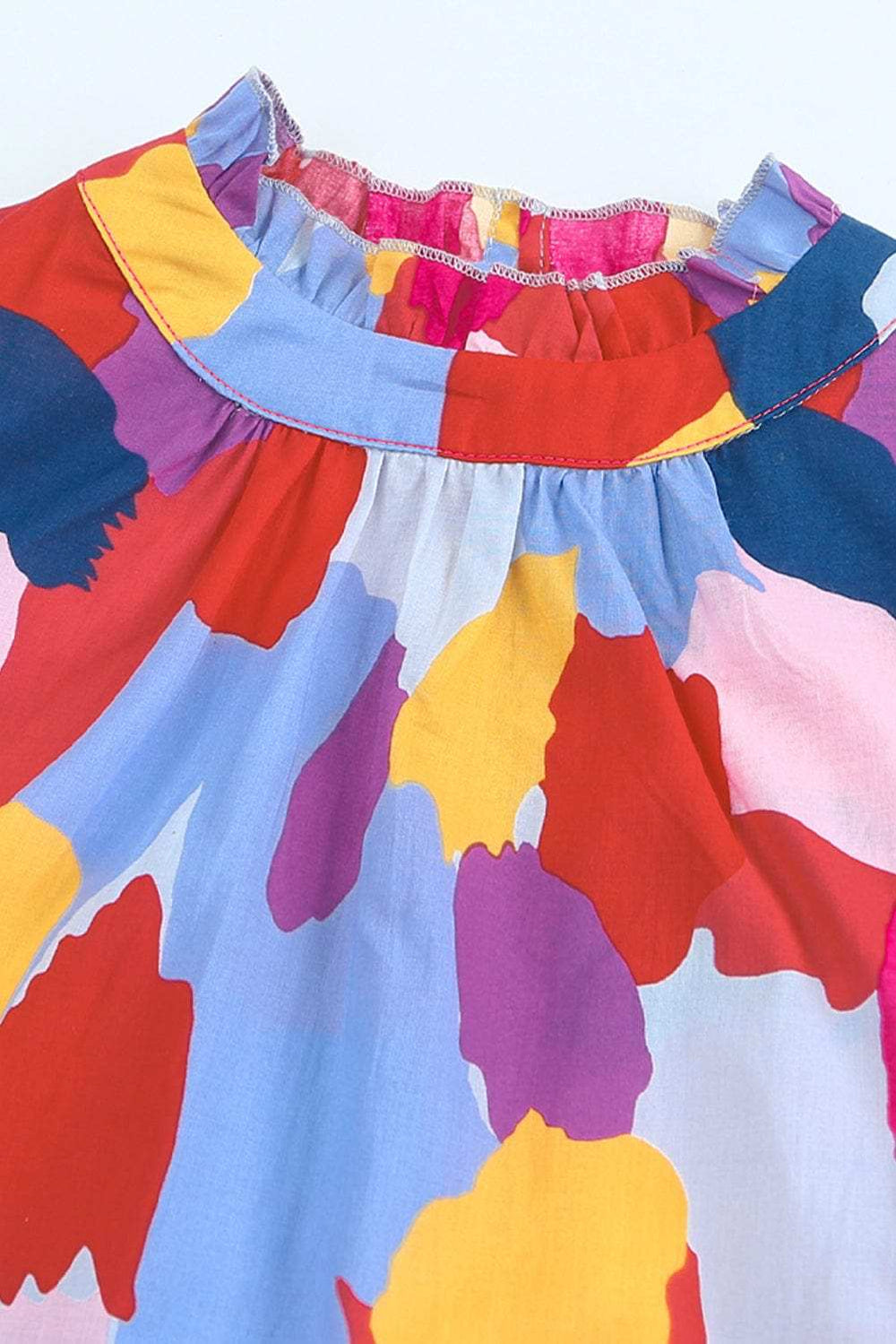 Frill Printed Mock Neck Cap Sleeve Blouse - Trendsi - Flyclothing LLC