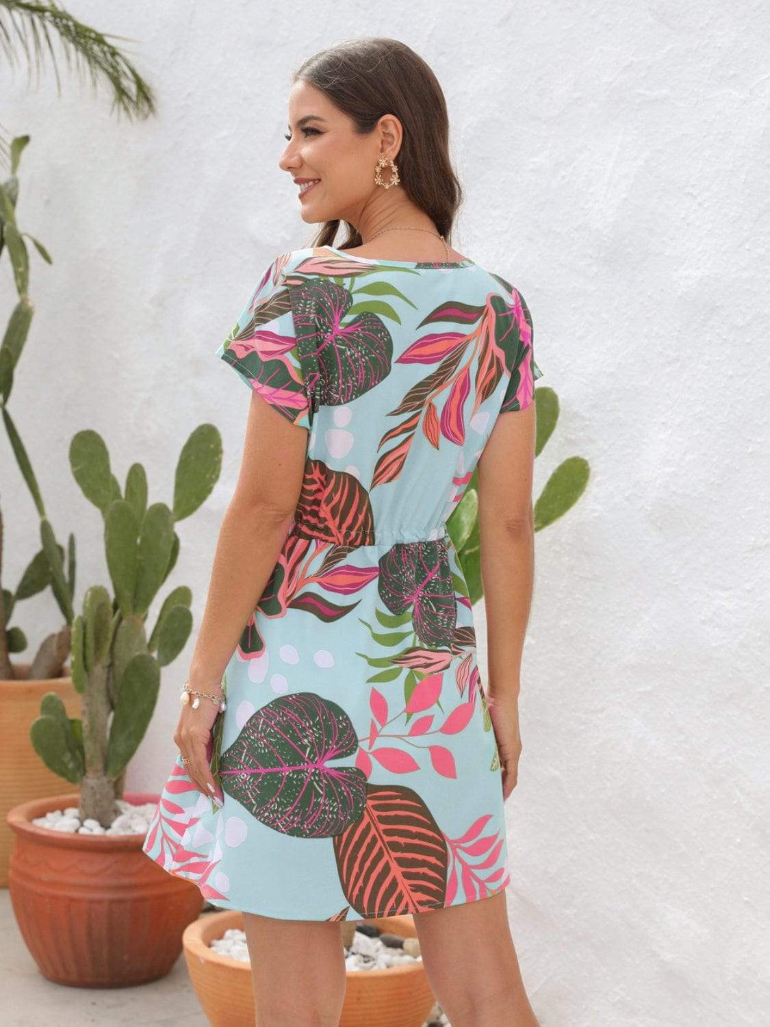 Drawstring Printed V-Neck Mini Dress - Trendsi - Flyclothing LLC