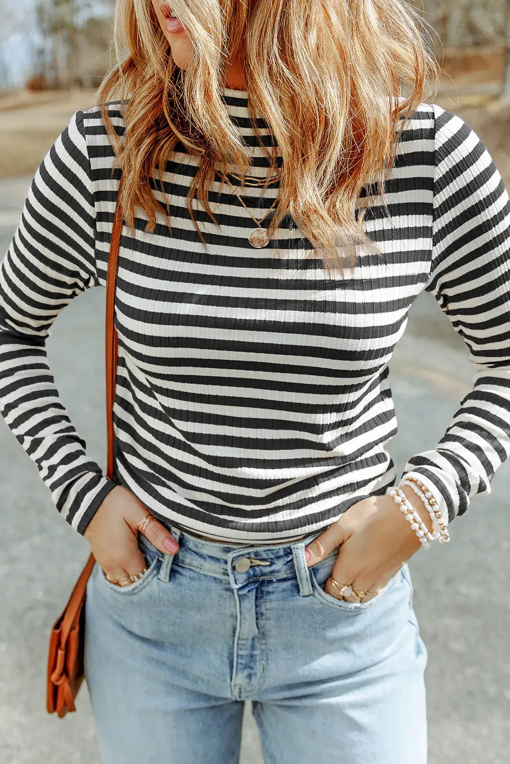 Striped Mock Neck Long Sleeve Top - Trendsi - Flyclothing LLC