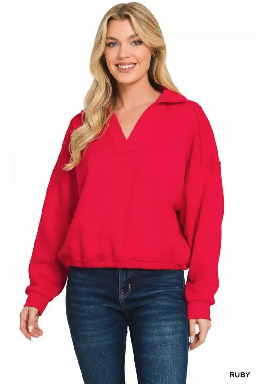 Zenana French Terry Collared Exposed Seam Sweatshirt - Trendsi - Flyclothing LLC