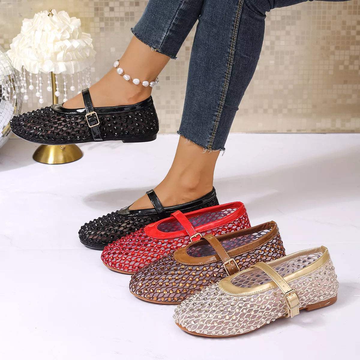 Sparkling Mesh Mary Jane Sneakers - Trendsi - Flyclothing LLC