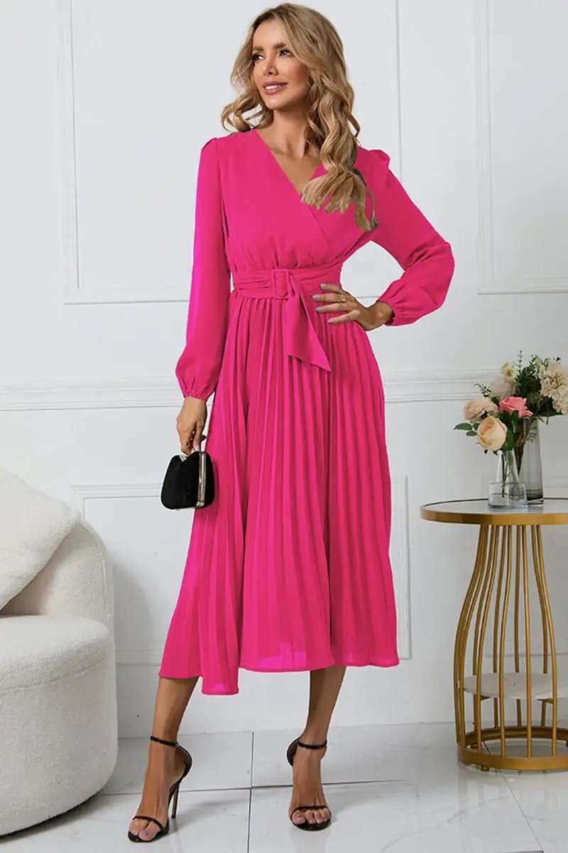 V-Neck Long Sleeve Tie Waist Midi Dress - Trendsi - Flyclothing LLC