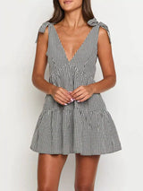 Gingham Tie-Shoulder Mini Dress - Trendsi - Flyclothing LLC