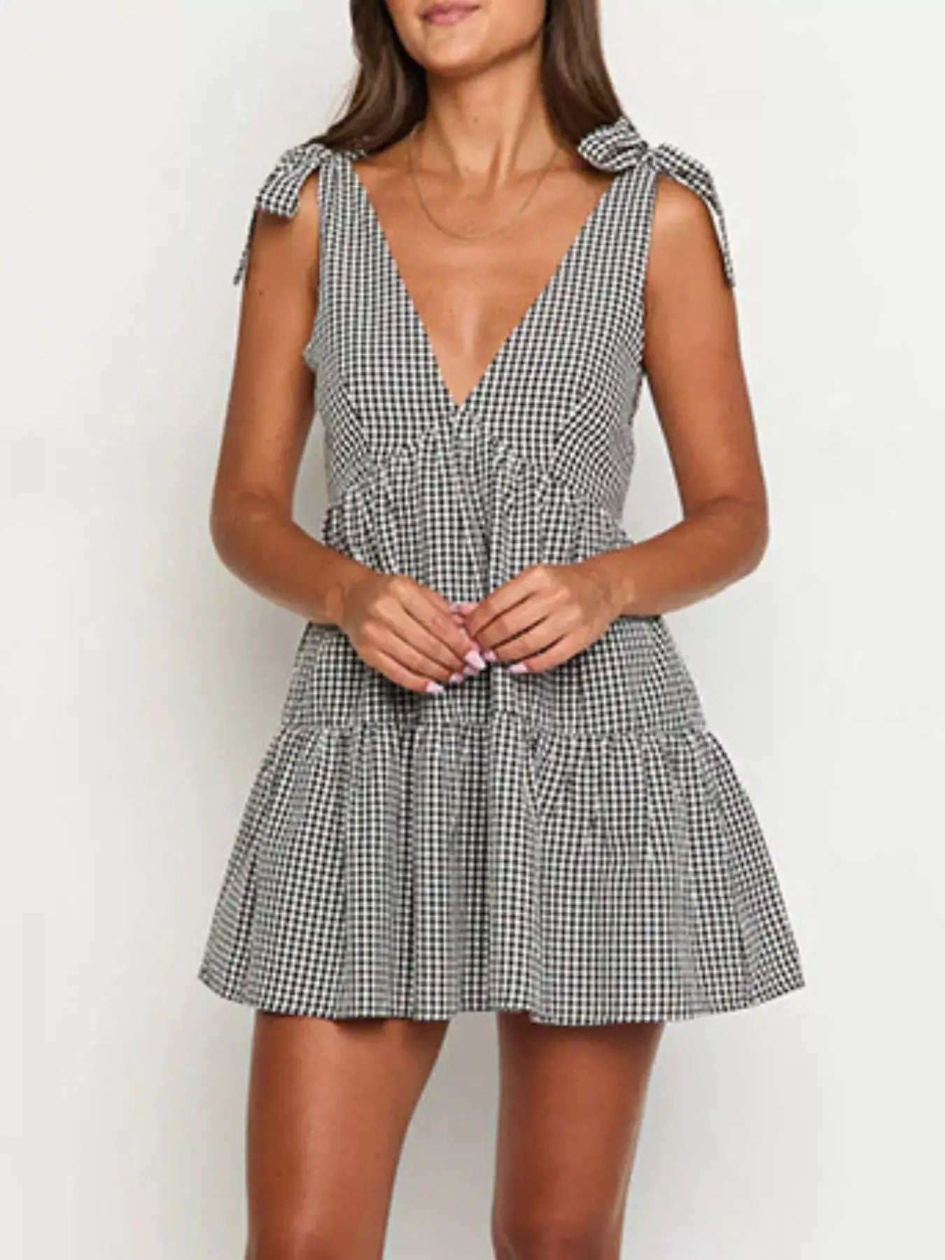 Gingham Tie-Shoulder Mini Dress - Trendsi - Flyclothing LLC