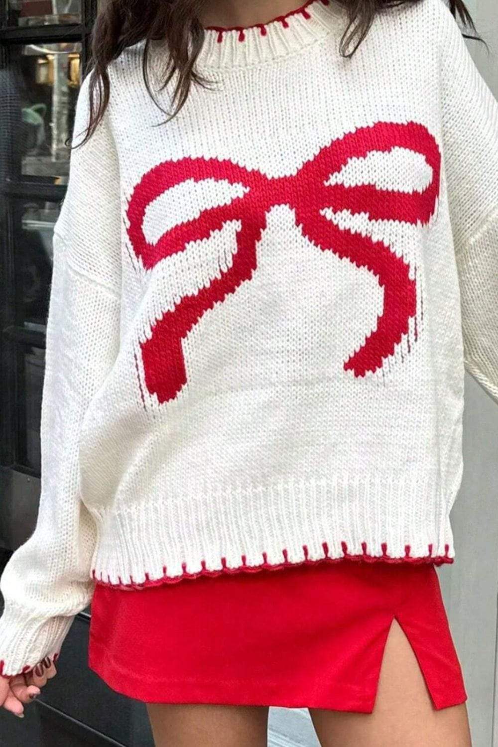 Bow Graphic Round Neck Long Sleeve Sweater - Trendsi - Flyclothing LLC