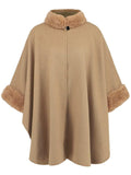 Fuzzy Trim Long Sleeve Poncho - Trendsi - Flyclothing LLC