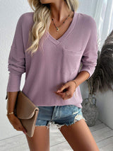 Double Take Pocketed Textured V-Neck Long Sleeve T-Shirt - Trendsi - Flyclothing LLC