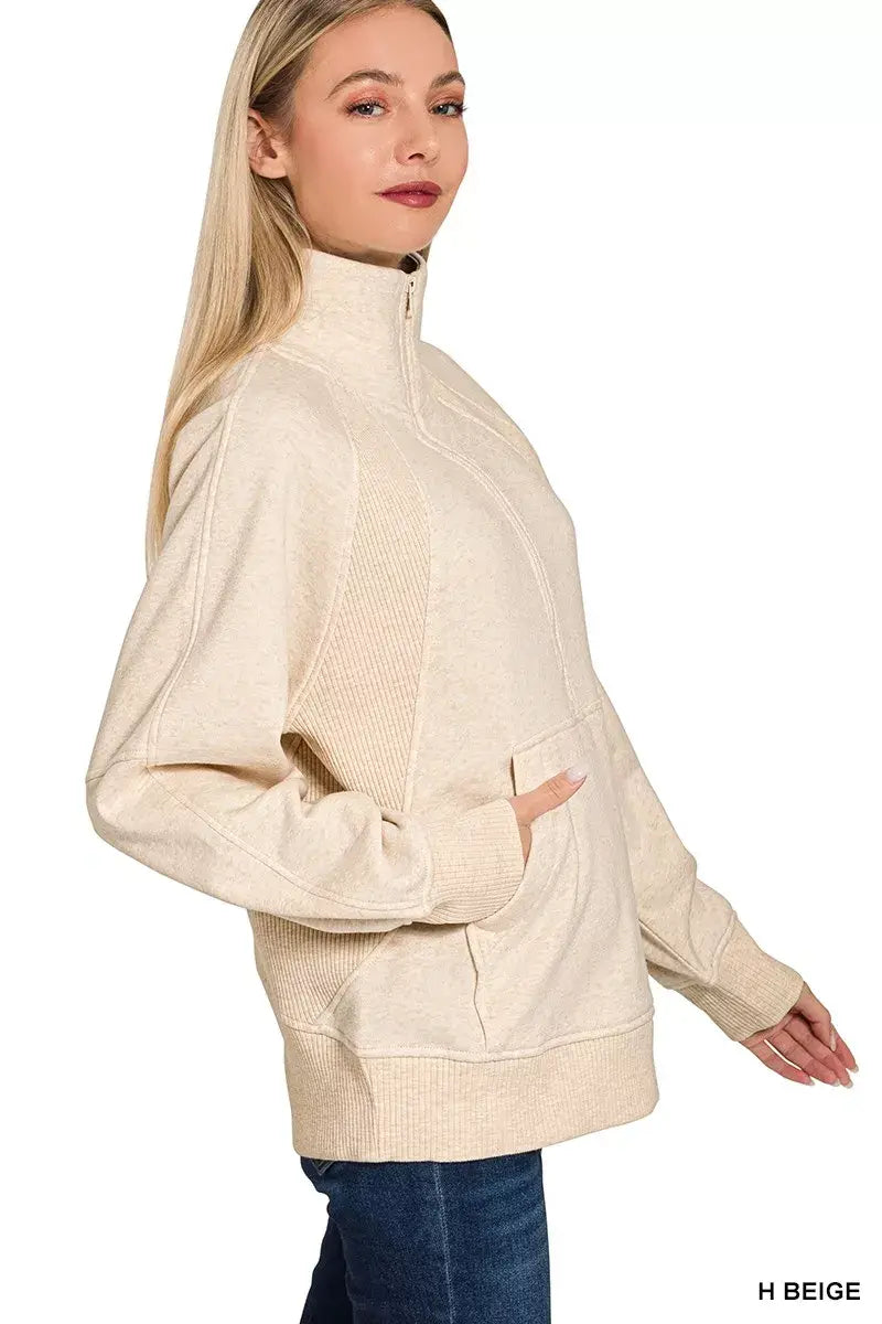 Zenana Half Zip Fleece Sweatshirt with kangaroo Pocket - Trendsi - Flyclothing LLC