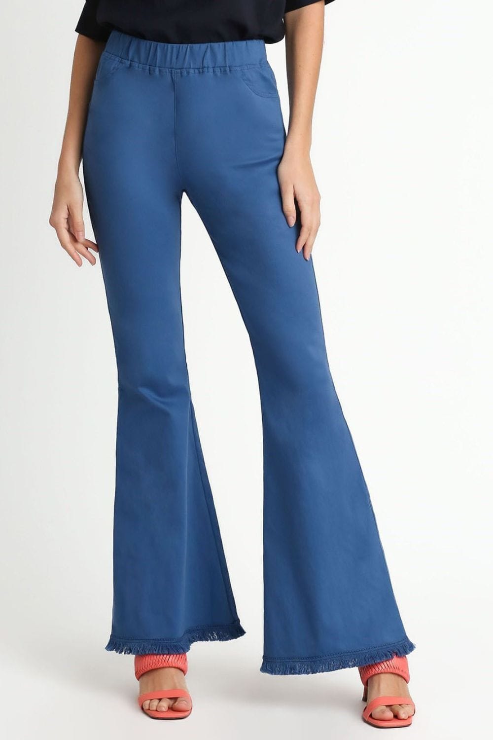 Umgee Full Size Wide Flare Leg Stretch Pants with Frayed Hem Plus Size - Trendsi