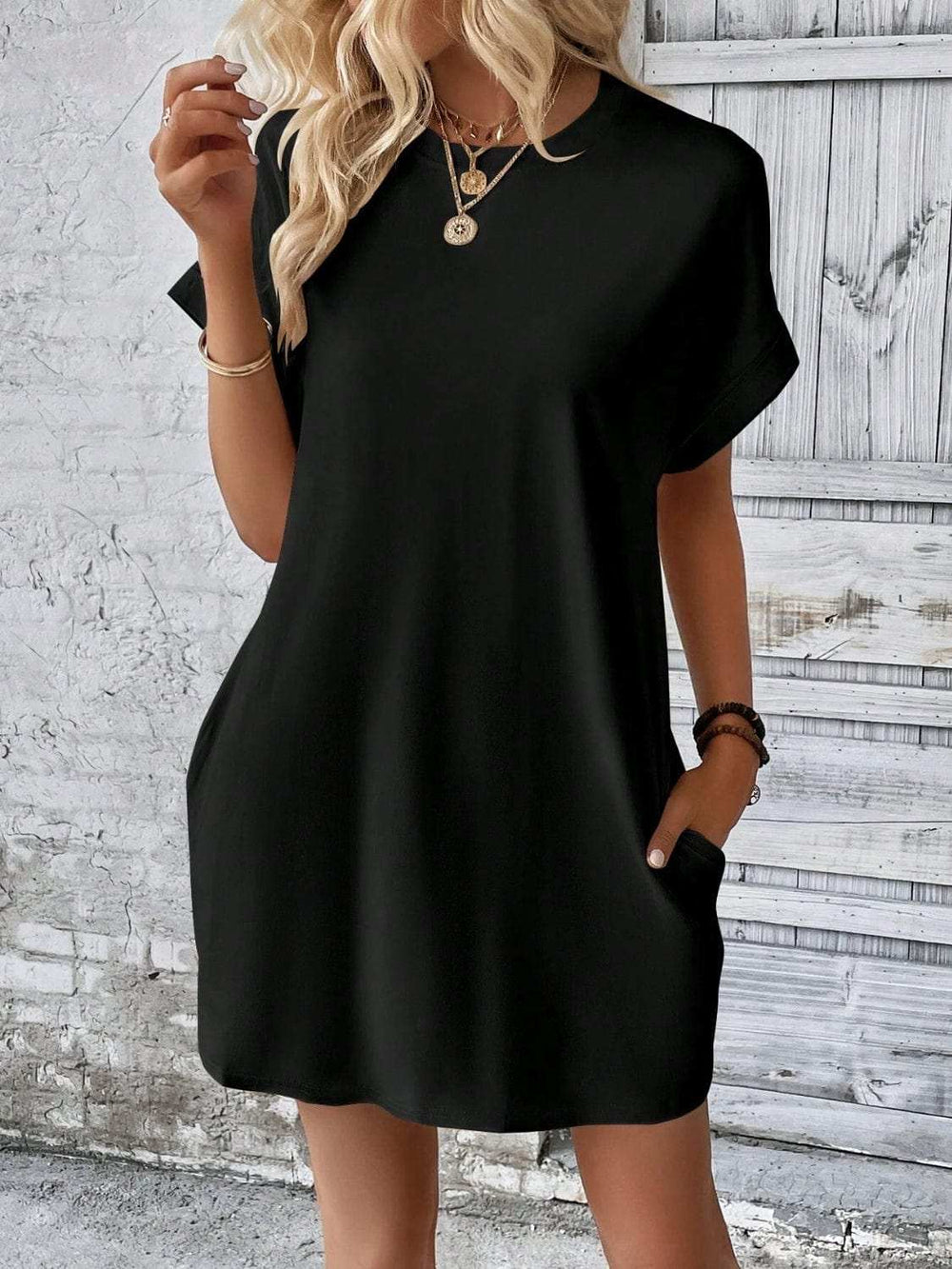 Round Neck Short Sleeve Mini Dress - Trendsi - Flyclothing LLC
