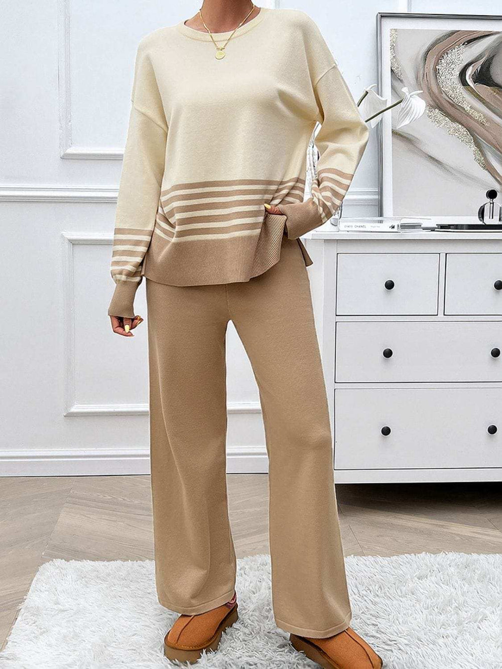 Devine Slit Striped Round Neck Top and Pants Sweater Set - Trendsi - Flyclothing LLC