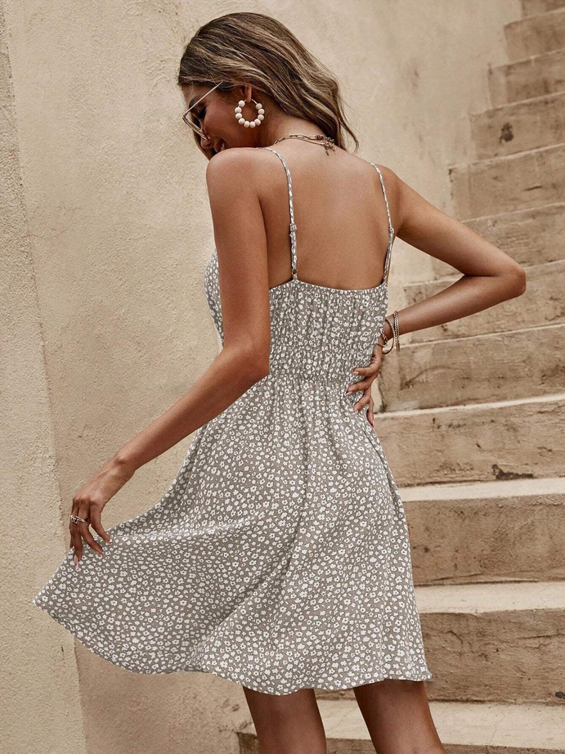 Floral V-Neck Mini Cami Dress - Trendsi - Flyclothing LLC