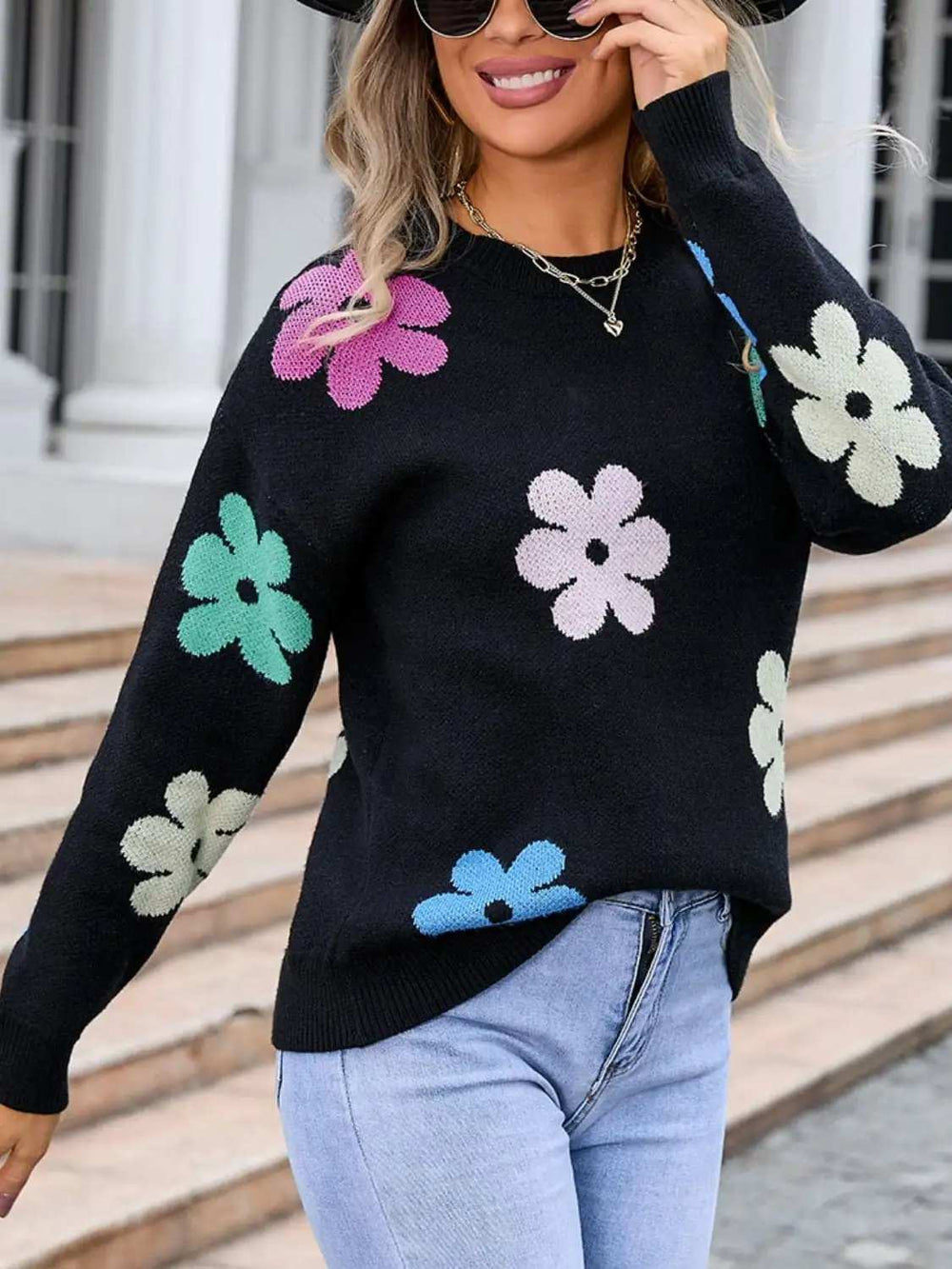 Flower Round Neck Long Sleeve Sweater - Trendsi - Flyclothing LLC