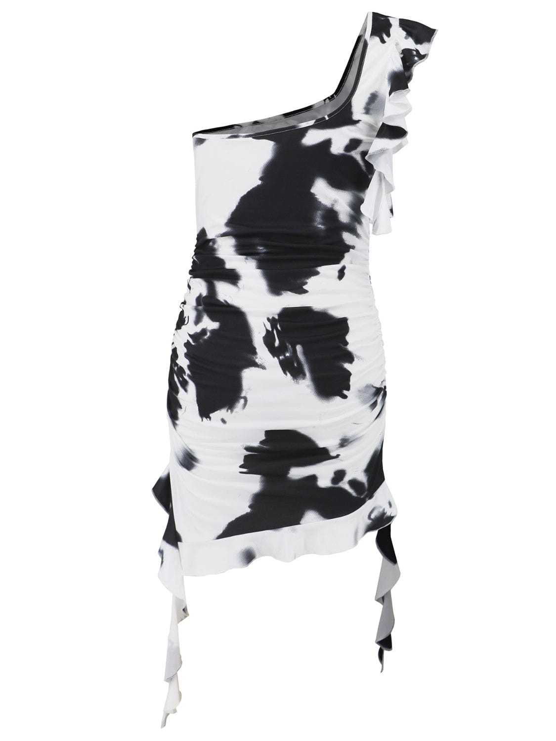 Ruffled Tie-Dye Single Shoulder Mini Dress - Trendsi